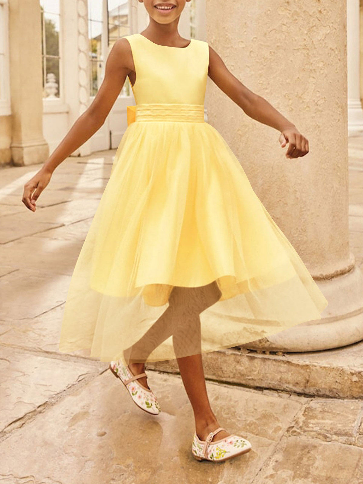 A-Line Scoop Neck Sleeveless Tea-Length Satin/Tulle Flower Girl Dresses With Bow(s)