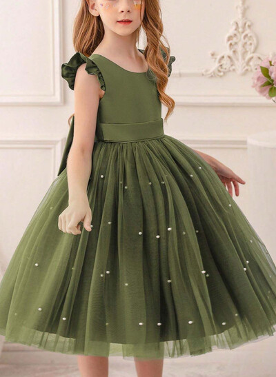 A-Line Scoop Neck Sleeveless Tea-Length Satin/Tulle Flower Girl Dresses With Ruffle/Bow(s)/Beading