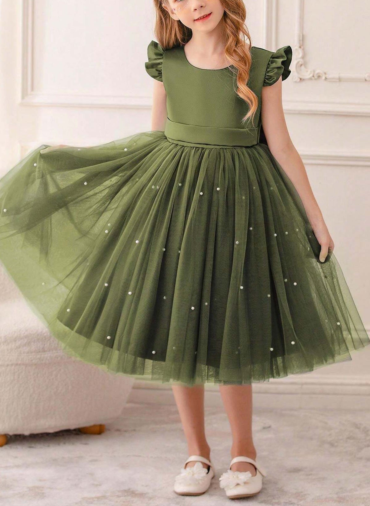 A-Line Scoop Neck Sleeveless Tea-Length Satin/Tulle Flower Girl Dresses With Ruffle/Bow(s)/Beading