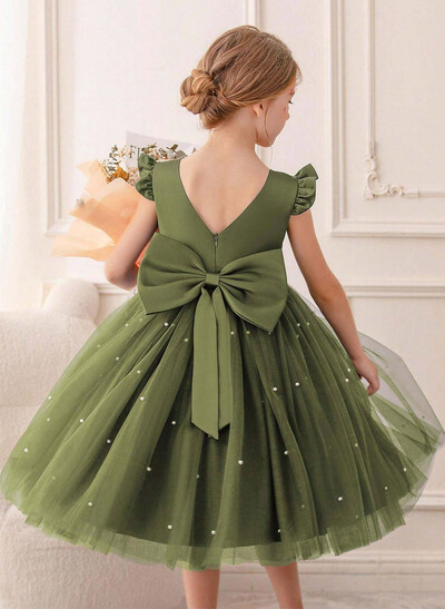 A-Line Scoop Neck Sleeveless Tea-Length Satin/Tulle Flower Girl Dresses With Ruffle/Bow(s)/Beading