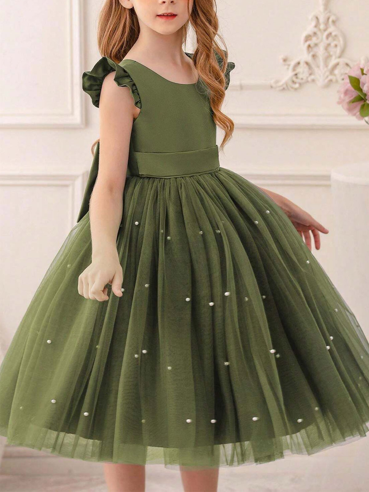 A-Line Scoop Neck Sleeveless Tea-Length Satin/Tulle Flower Girl Dresses With Ruffle/Bow(s)/Beading A-Line Scoop Neck Sleeveless Tea-Length Satin/Tulle Flower Girl Dresses With Ruffle/Bow(s)/Beading