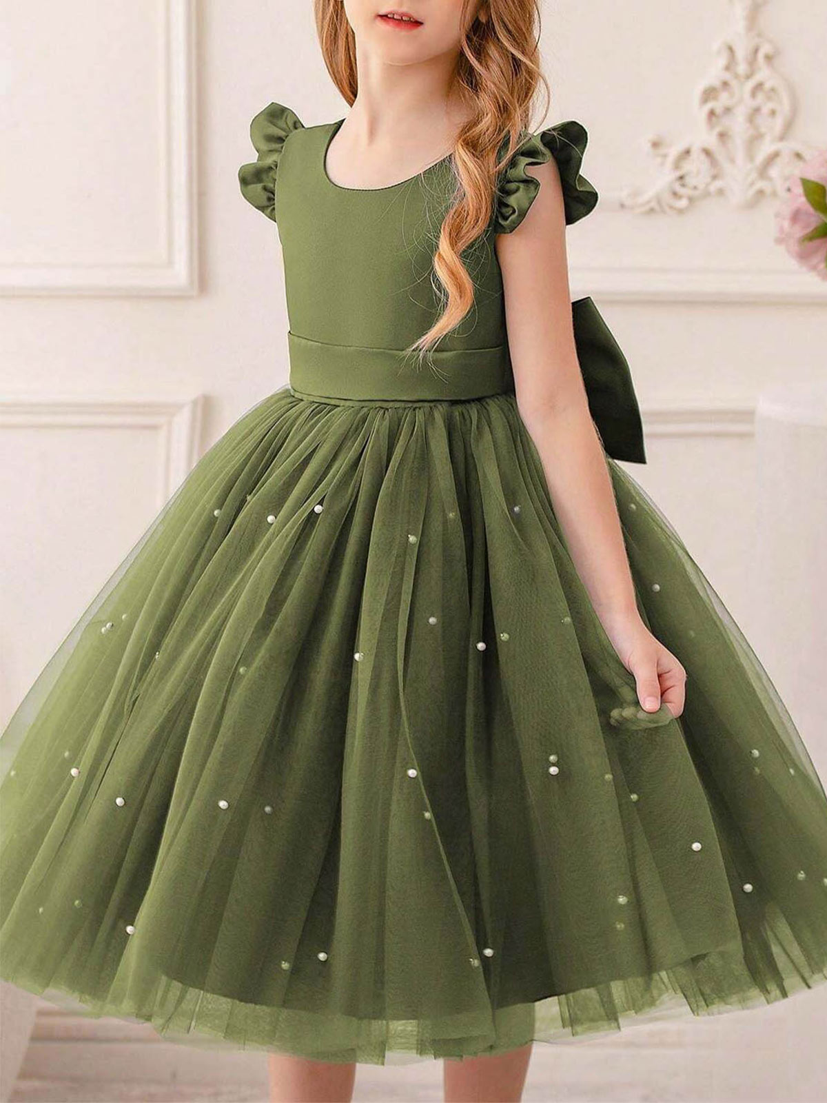 A-Line Scoop Neck Sleeveless Tea-Length Satin/Tulle Flower Girl Dresses With Ruffle/Bow(s)/Beading A-Line Scoop Neck Sleeveless Tea-Length Satin/Tulle Flower Girl Dresses With Ruffle/Bow(s)/Beading