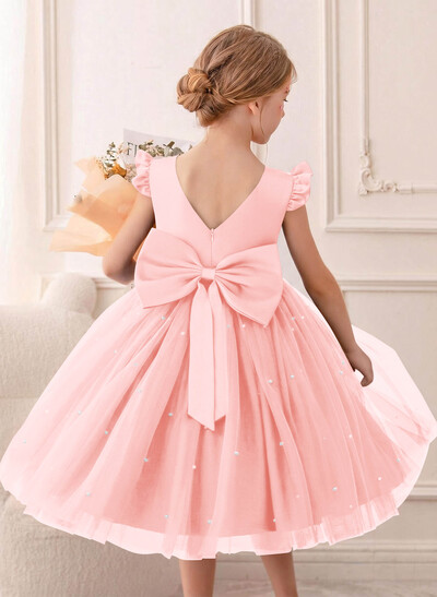 A-Line Scoop Neck Sleeveless Tea-Length Satin/Tulle Flower Girl Dresses With Ruffle/Bow(s)/Beading