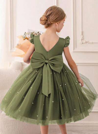 A-Line Scoop Neck Sleeveless Tea-Length Satin/Tulle Flower Girl Dresses With Ruffle/Bow(s)/Beading