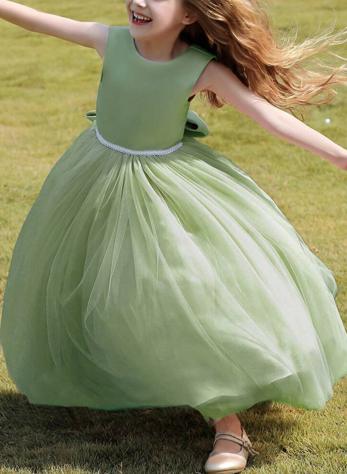 A-Line Scoop Neck Sleeveless Floor-Length Satin/Tulle Flower Girl Dresses With Bow(s)