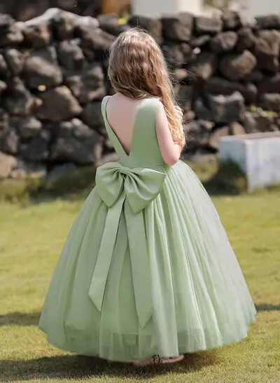 A-Line Scoop Neck Sleeveless Floor-Length Satin/Tulle Flower Girl Dresses With Bow(s)