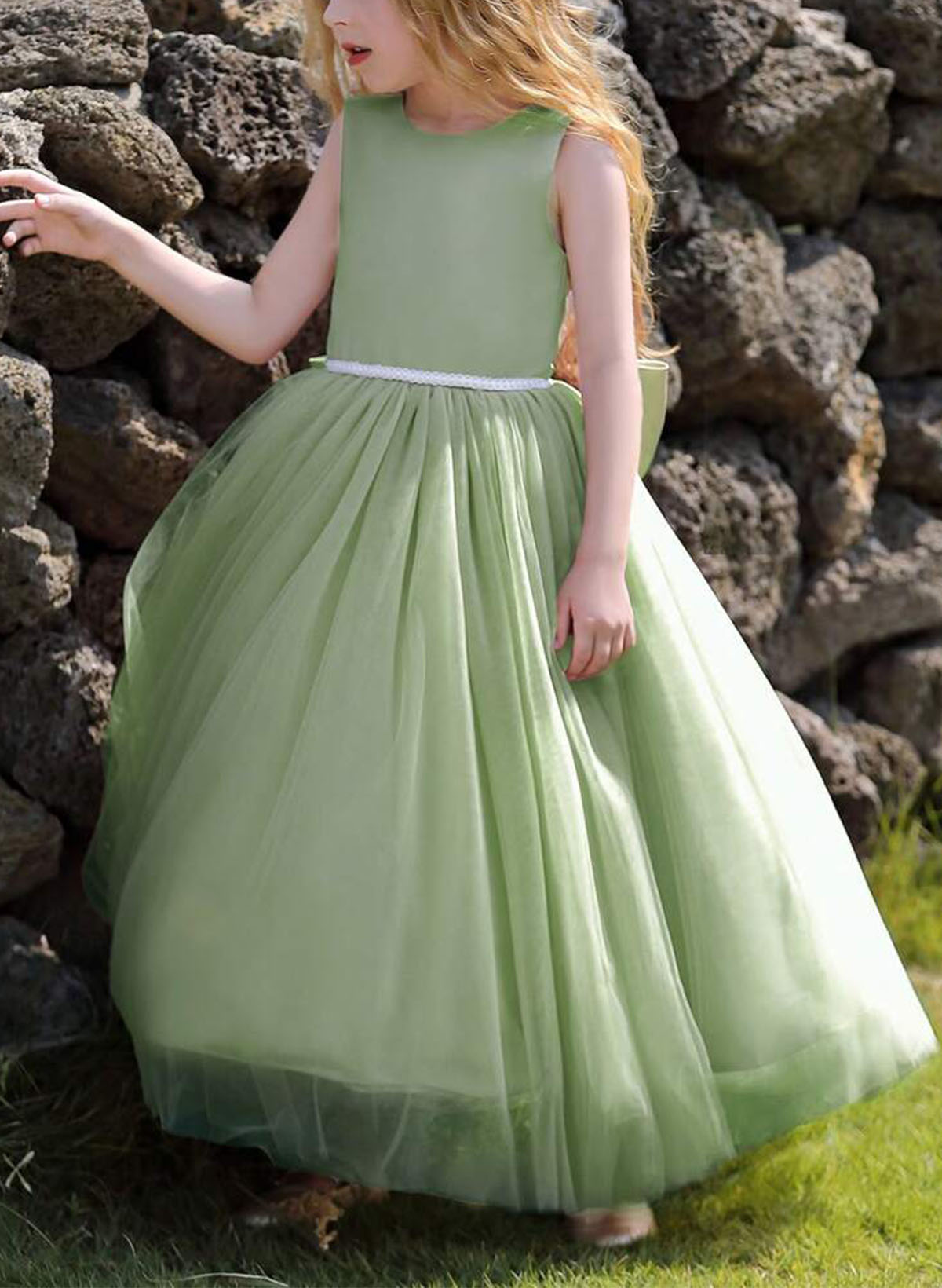 A-Line Scoop Neck Sleeveless Floor-Length Satin/Tulle Flower Girl Dresses With Bow(s)