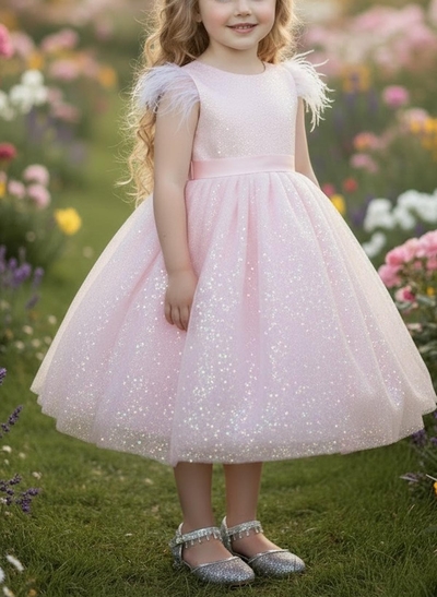 A-Line Scoop Neck Sleeveless Tea-Length Satin/Tulle Flower Girl Dresses With Bow(s)