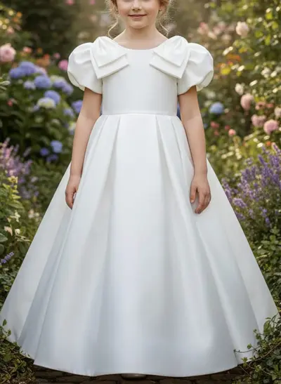 A-Line Scoop Neck Short Sleeves Floor-Length Satin Flower Girl Dresses With Bow(s)