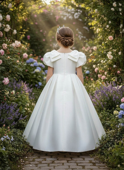 A-Line Scoop Neck Short Sleeves Floor-Length Satin Flower Girl Dresses With Bow(s)