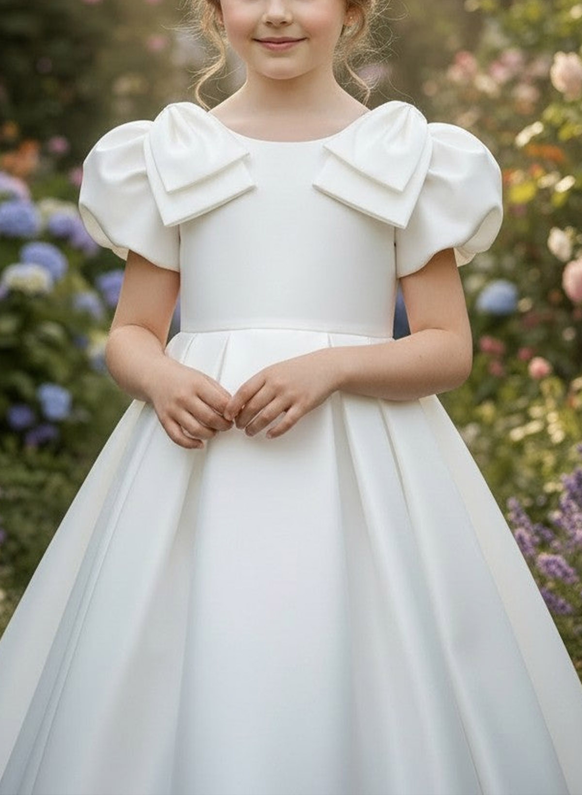 A-Line Scoop Neck Short Sleeves Floor-Length Satin Flower Girl Dresses With Bow(s)
