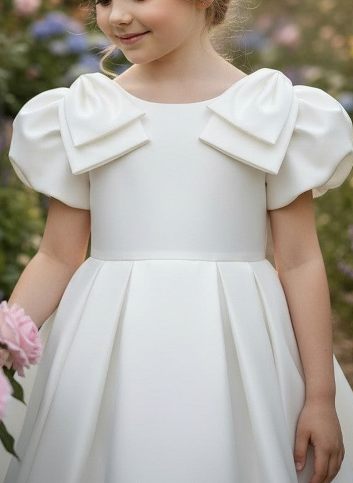 A-Line Scoop Neck Short Sleeves Floor-Length Satin Flower Girl Dresses With Bow(s)