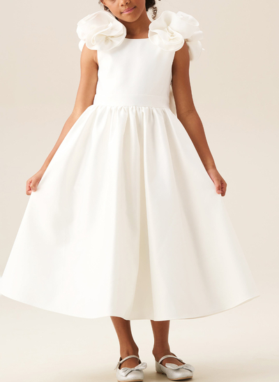 A-Line Scoop Neck Sleeveless Ankle-Length Satin Flower Girl Dresses With Bow(s)/Flower(s)