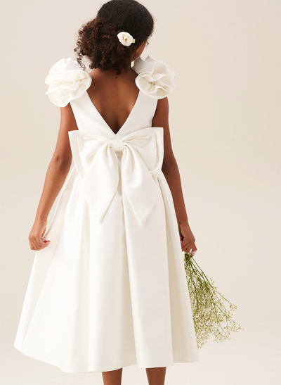 A-Line Scoop Neck Sleeveless Ankle-Length Satin Flower Girl Dresses With Bow(s)/Flower(s)