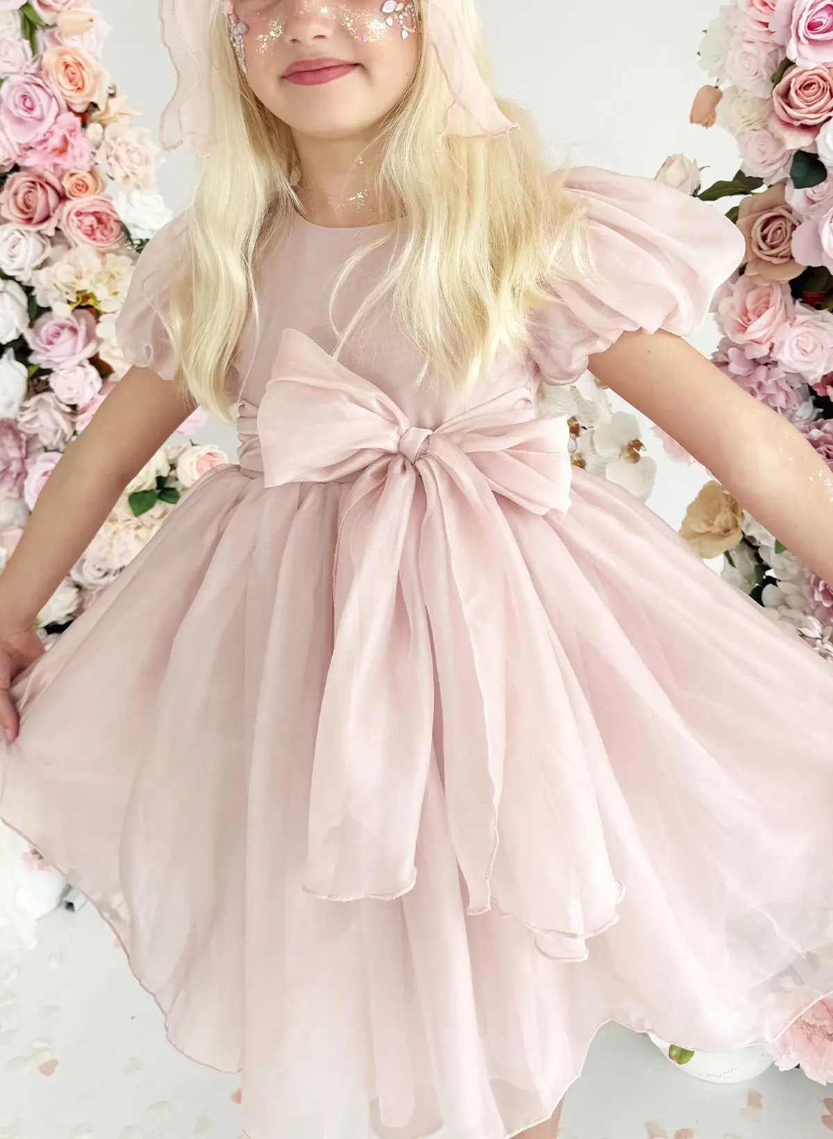 organza bow neck mini dress Short Organza Shoulder Bow Wedding Dress Raida 18 US (50 EU) / Blush
