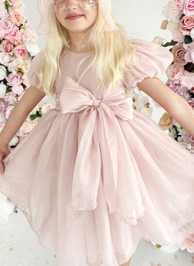 A-Line Scoop Neck Short Sleeves Tea-Length Satin/Organza Flower Girl Dresses With Bow(s)