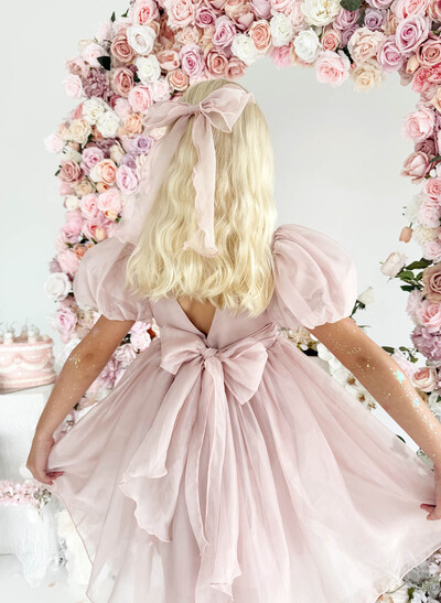 A-Line Scoop Neck Short Sleeves Tea-Length Satin/Organza Flower Girl Dresses With Bow(s)