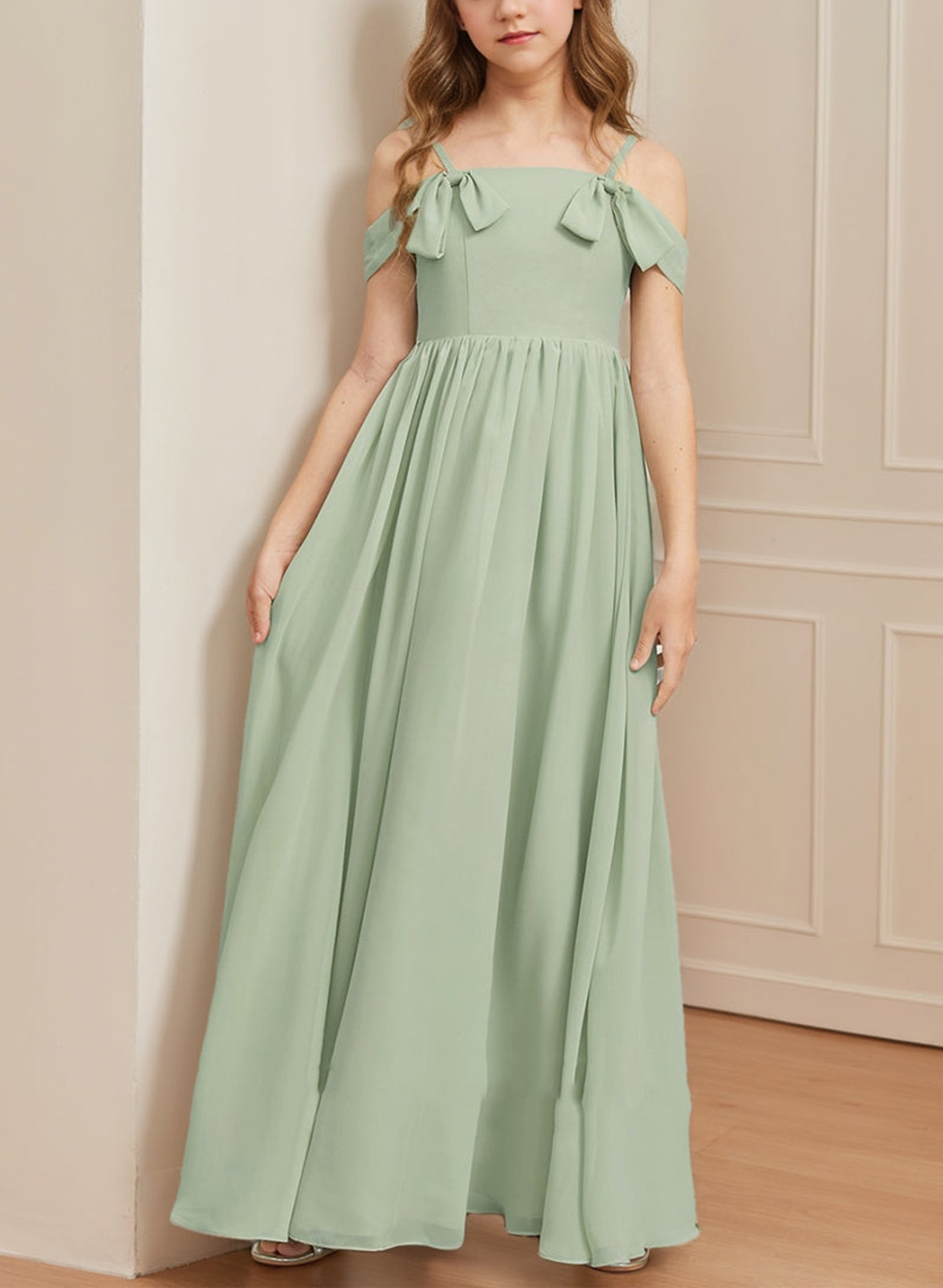 A-Line Off-The-Shoulder Sleeveless Floor-Length Chiffon Junior Bridesmaid Dresses With Bow(s)