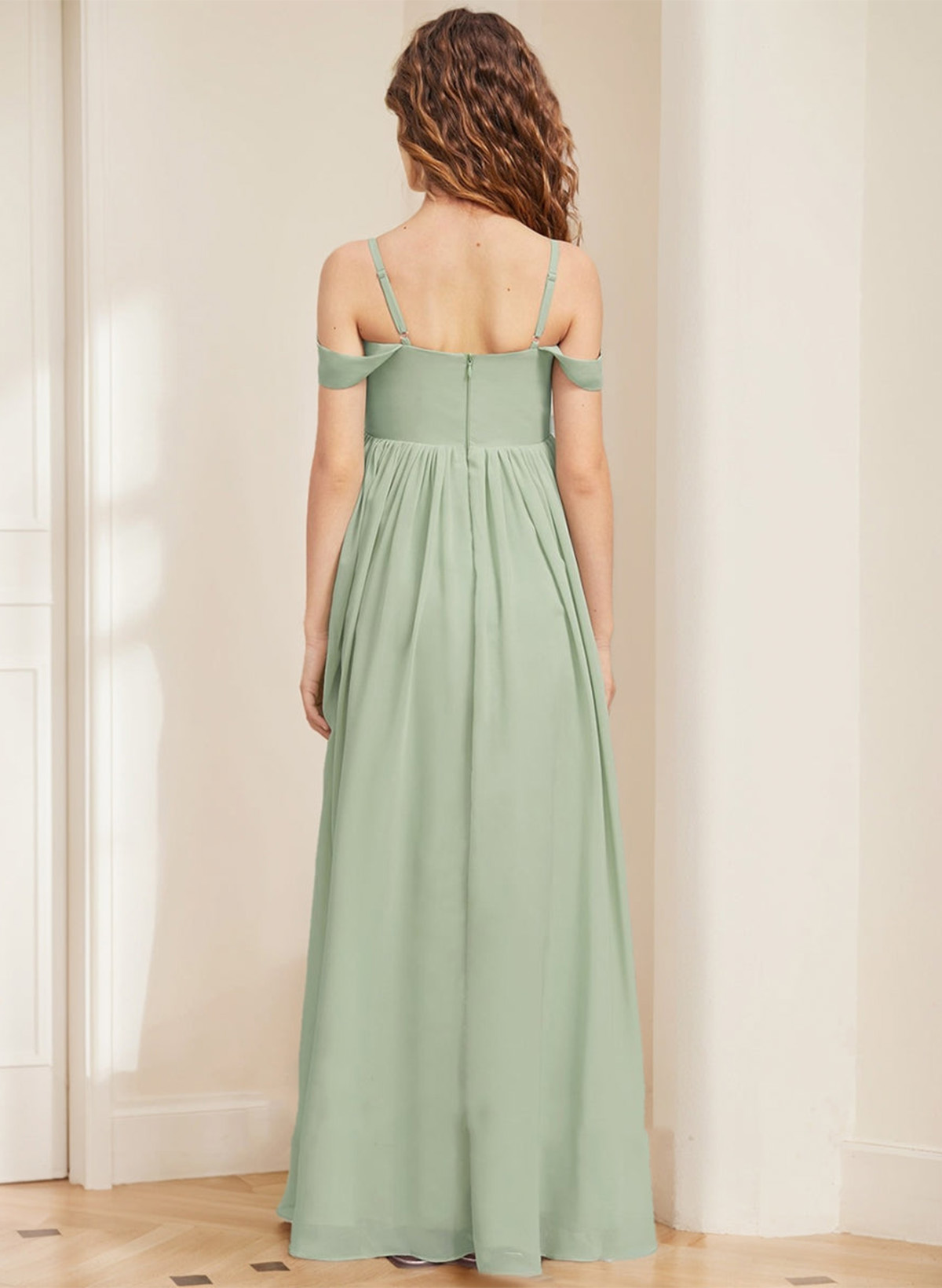 A-Line Off-The-Shoulder Sleeveless Floor-Length Chiffon Junior Bridesmaid Dresses With Bow(s)