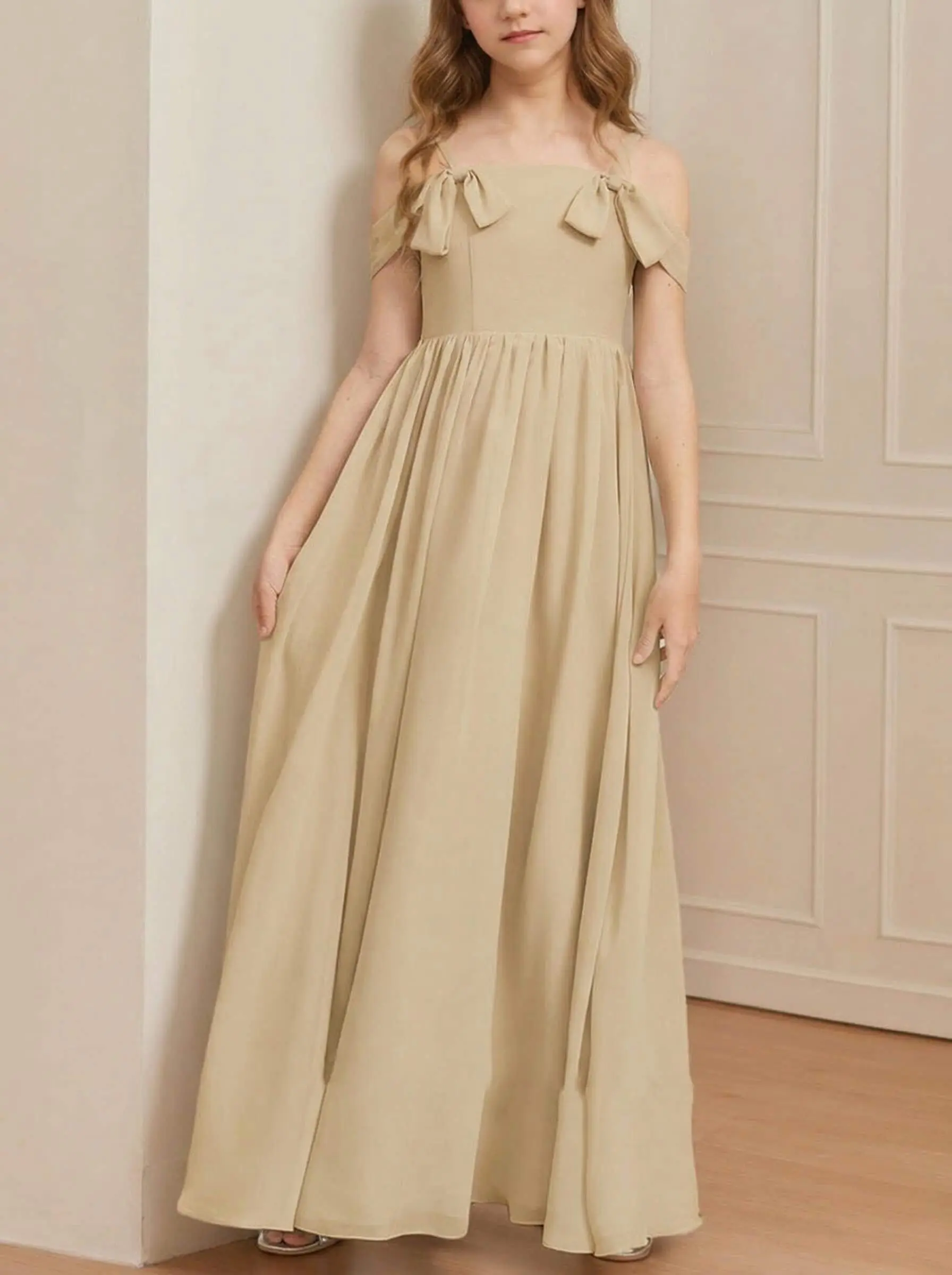 A-Line Off-The-Shoulder Sleeveless Floor-Length Chiffon Junior Bridesmaid Dresses With Bow  $79