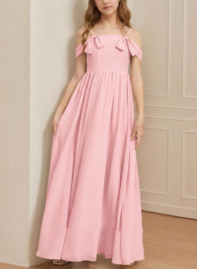 A-Line Off-The-Shoulder Sleeveless Floor-Length Chiffon Junior Bridesmaid Dresses With Bow(s)