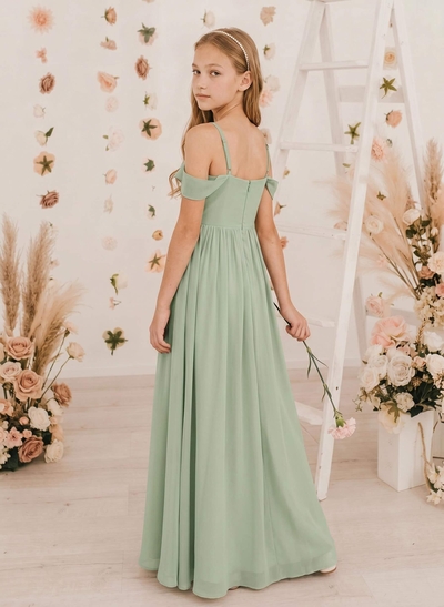 A-Line Off-The-Shoulder Sleeveless Floor-Length Chiffon Junior Bridesmaid Dresses With Bow(s)