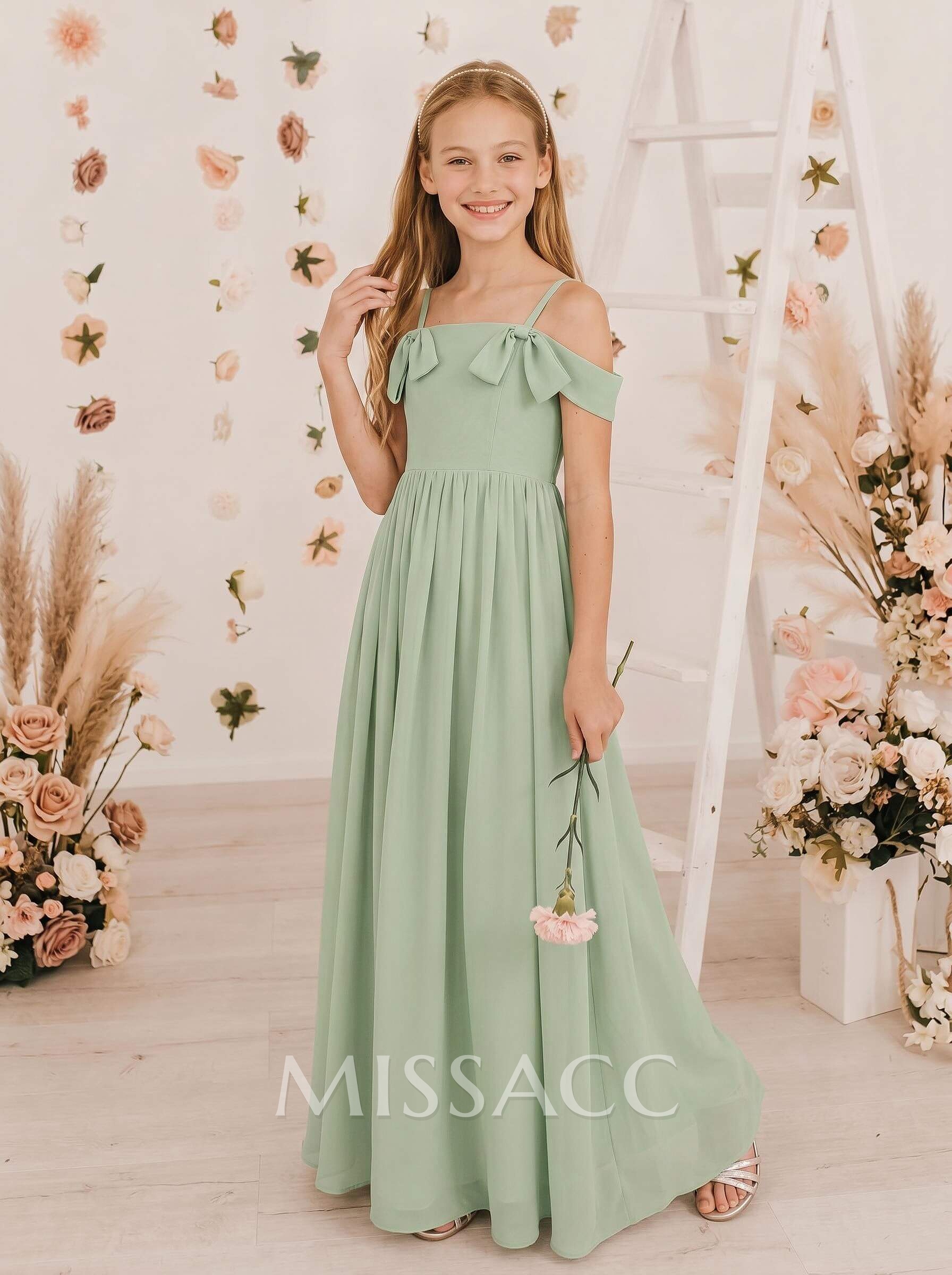 A-Line Off-The-Shoulder Sleeveless Floor-Length Chiffon Junior Bridesmaid Dresses With Bow(s)