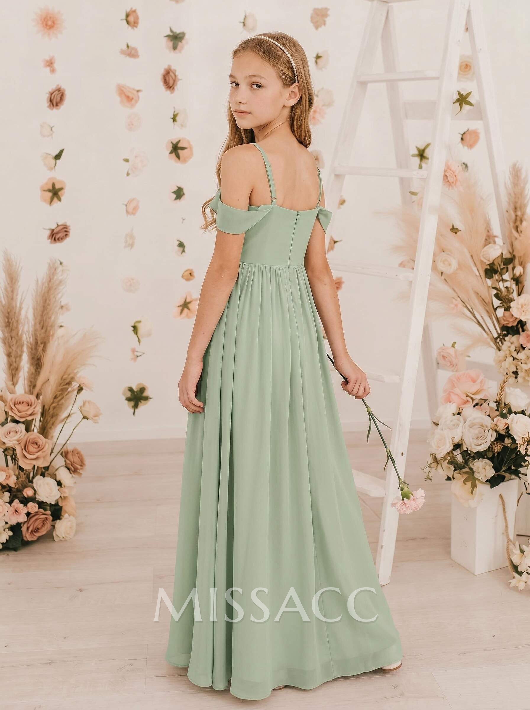 A-Line Off-The-Shoulder Sleeveless Floor-Length Chiffon Junior Bridesmaid Dresses With Bow(s)