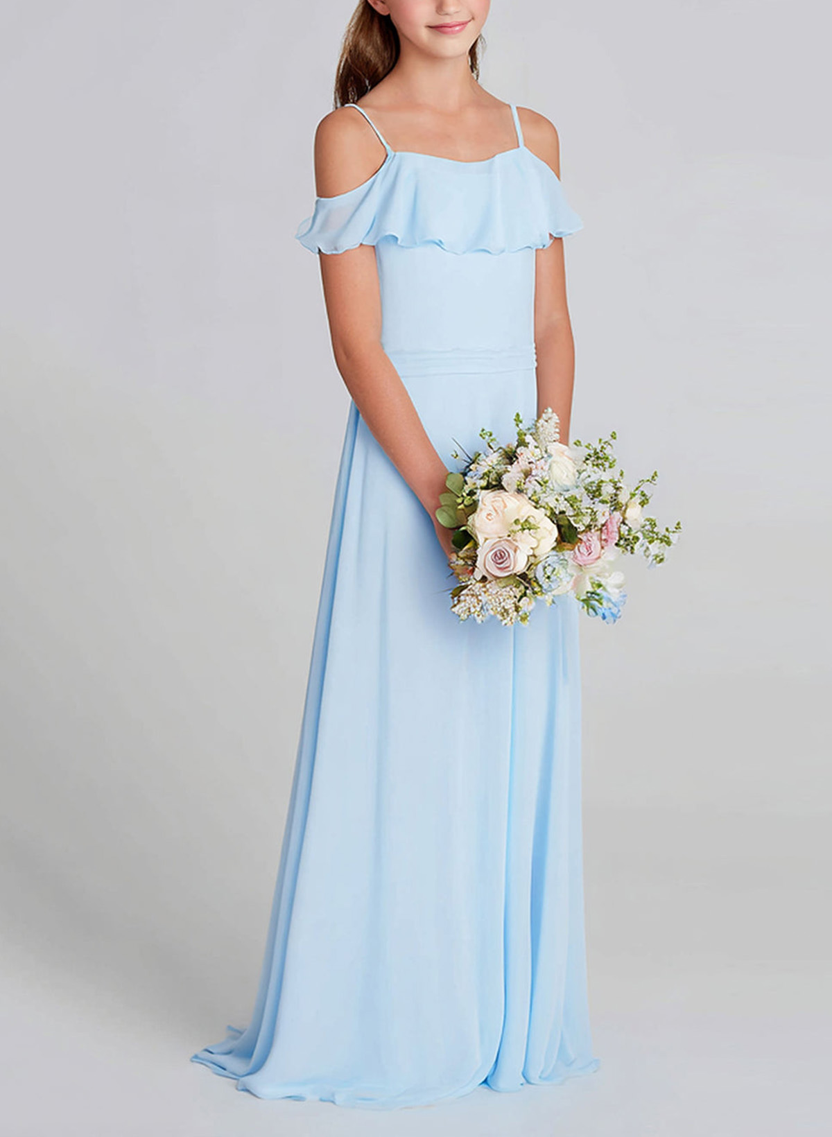 A-Line Off-The-Shoulder Sweep Train Chiffon Junior Bridesmaid Dresses With Shoulder Ruffle