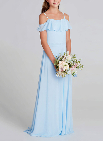 A-Line Off-The-Shoulder Sweep Train Chiffon Junior Bridesmaid Dresses With Shoulder Ruffle