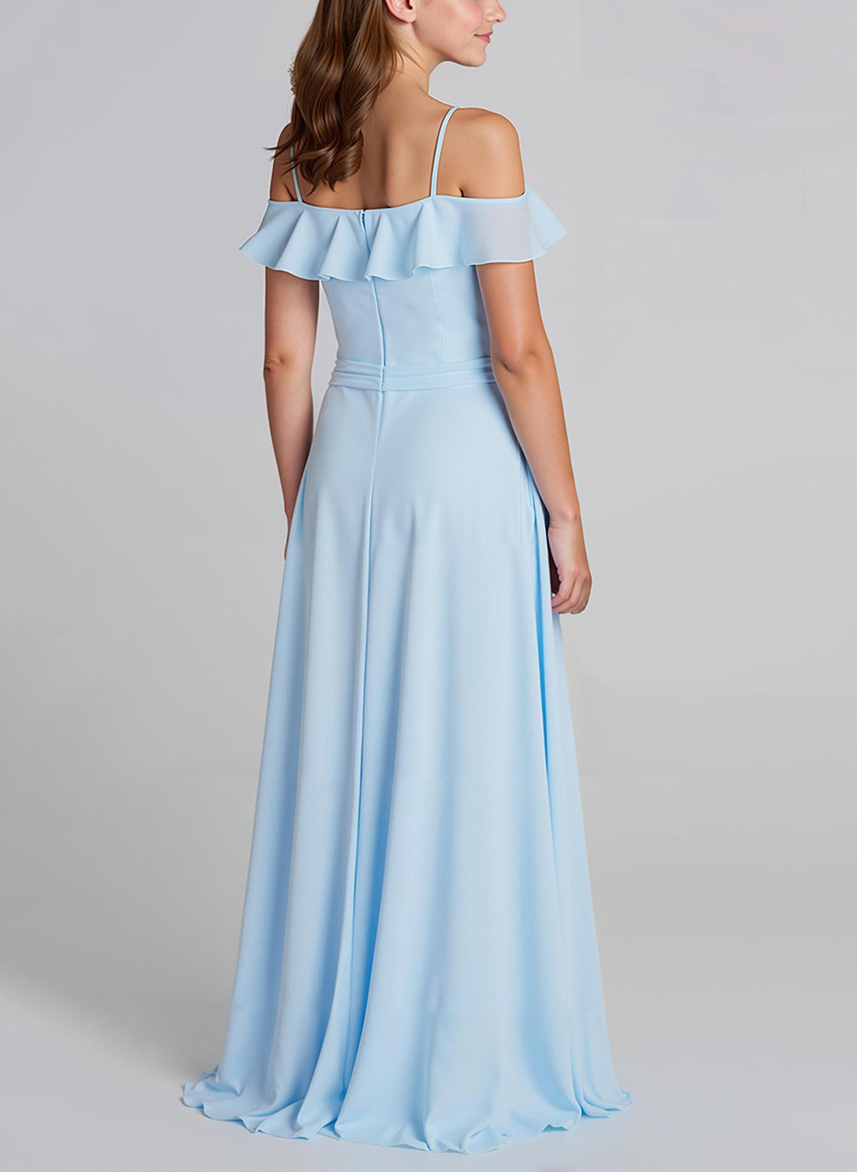 A-Line Off-The-Shoulder Sweep Train Chiffon Junior Bridesmaid Dresses With Shoulder Ruffle