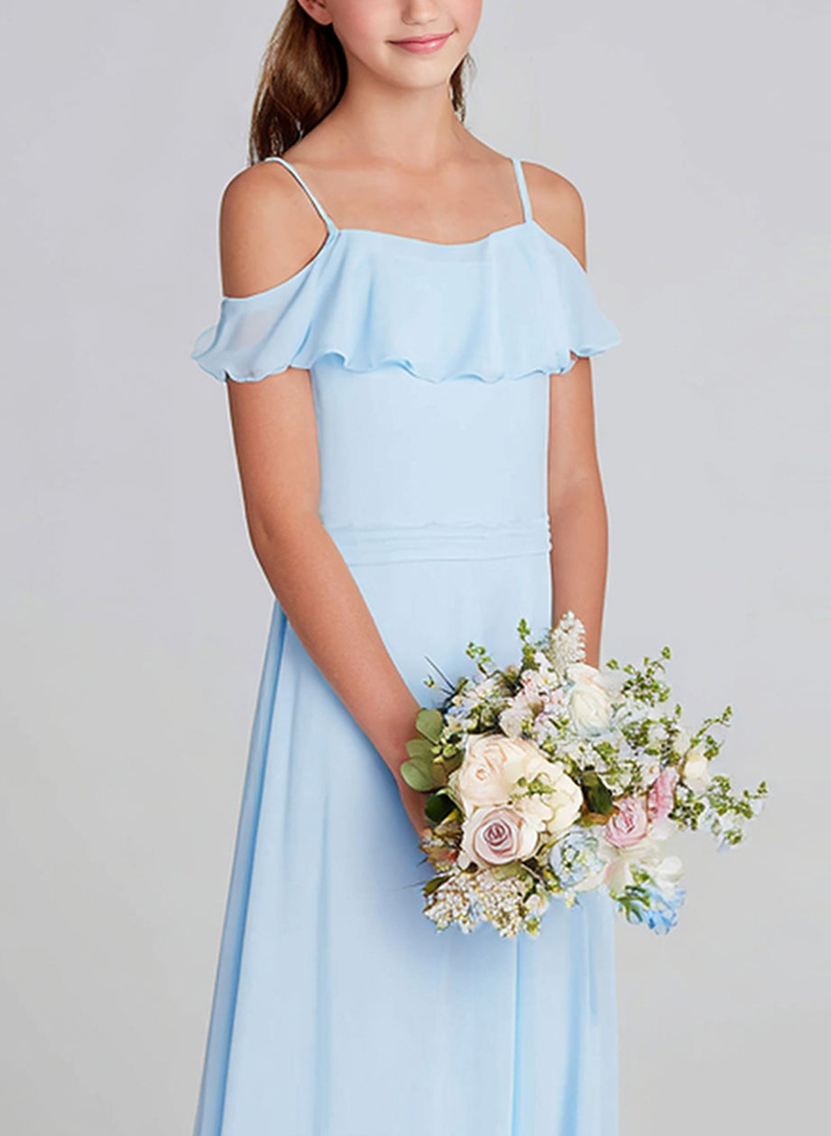 A-Line Off-The-Shoulder Sweep Train Chiffon Junior Bridesmaid Dresses With Shoulder Ruffle