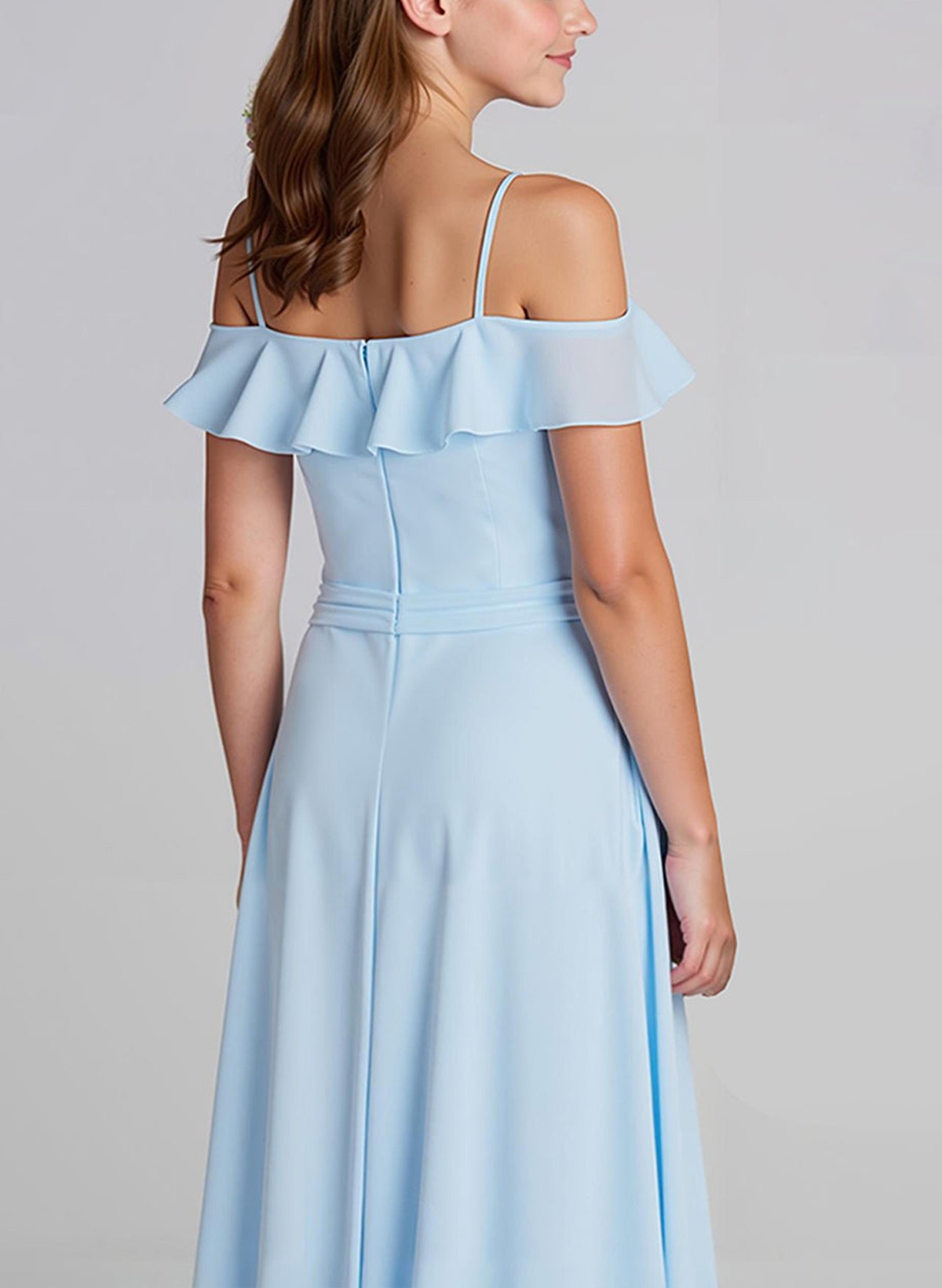 A-Line Off-The-Shoulder Sweep Train Chiffon Junior Bridesmaid Dresses With Shoulder Ruffle