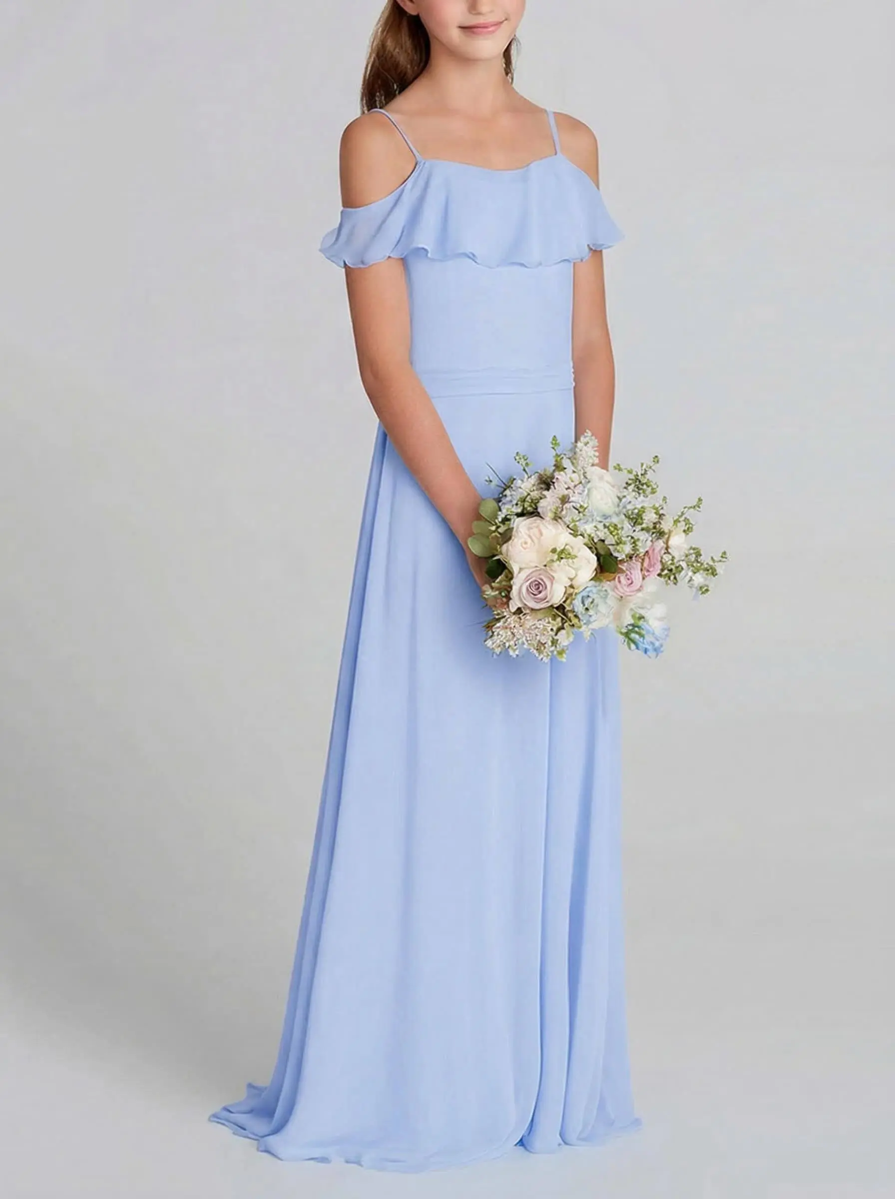 A-Line Off-The-Shoulder Sweep Train Chiffon Junior Bridesmaid Dresses With Shoulder Ruffle  $69