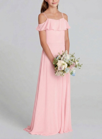 A-Line Off-The-Shoulder Sweep Train Chiffon Junior Bridesmaid Dresses With Shoulder Ruffle