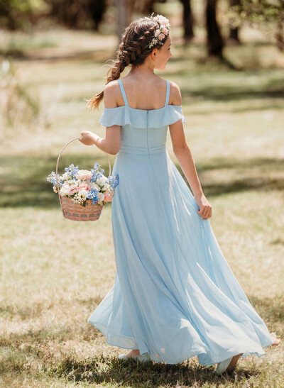 A-Line Off-The-Shoulder Sweep Train Chiffon Junior Bridesmaid Dresses With Shoulder Ruffle