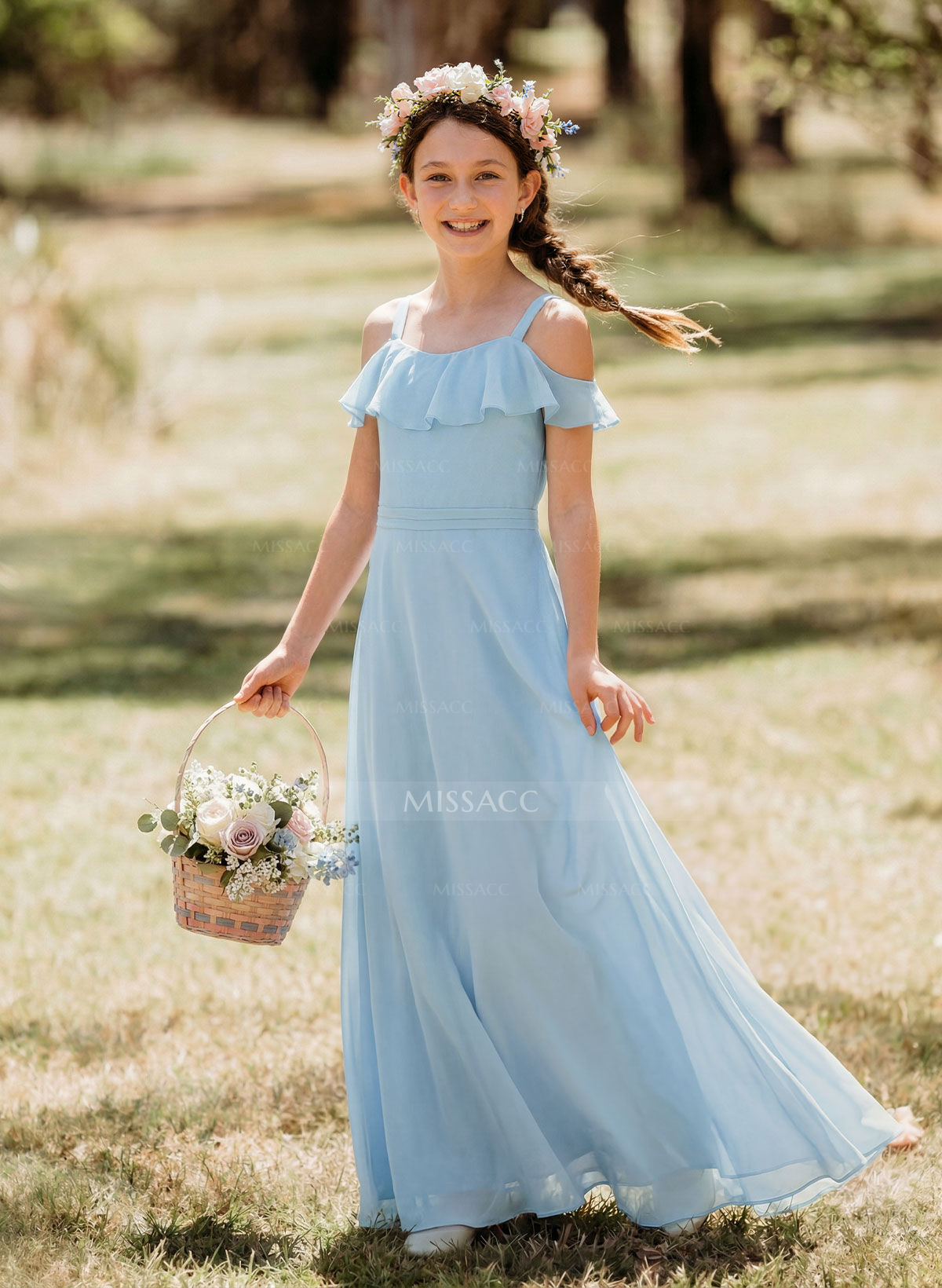 A-Line Off-The-Shoulder Sweep Train Chiffon Junior Bridesmaid Dresses With Shoulder Ruffle