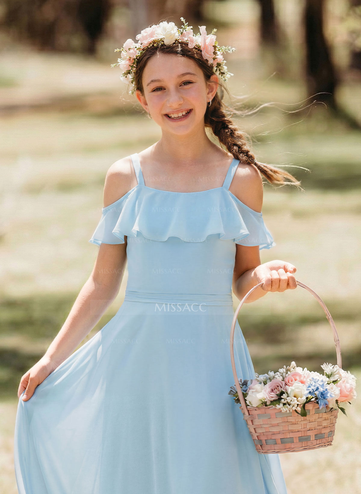 A-Line Off-The-Shoulder Sweep Train Chiffon Junior Bridesmaid Dresses With Shoulder Ruffle