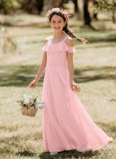 A-Line Off-The-Shoulder Sweep Train Chiffon Junior Bridesmaid Dresses With Shoulder Ruffle