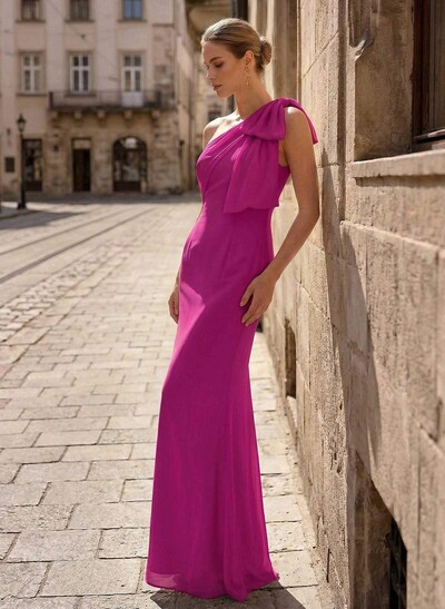 Sheath/Column One-Shoulder Floor-Length Chiffon Mother Of The Bride Dresses With Bow(s)