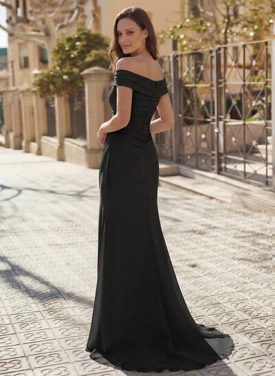 Trumpet/Mermaid Off-The-Shoulder Sweep Train Chiffon Evening Dresses With Pleated/High Split
