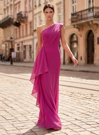 Sheath/Column One-Shoulder Floor-Length Chiffon Mother Of The Bride Dresses With Ruffle/Back Slit