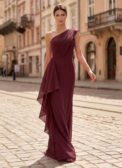 Sheath/Column One-Shoulder Floor-Length Chiffon Mother Of The Bride Dresses With Ruffle/Back Slit
