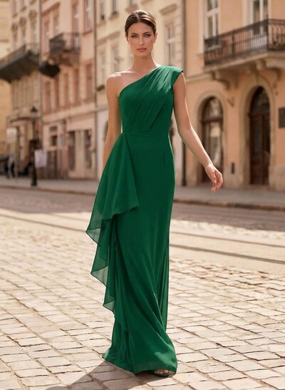 Sheath/Column One-Shoulder Floor-Length Chiffon Mother Of The Bride Dresses With Ruffle/Back Slit