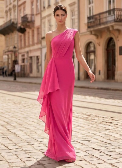 Sheath/Column One-Shoulder Floor-Length Chiffon Mother Of The Bride Dresses With Ruffle/Back Slit