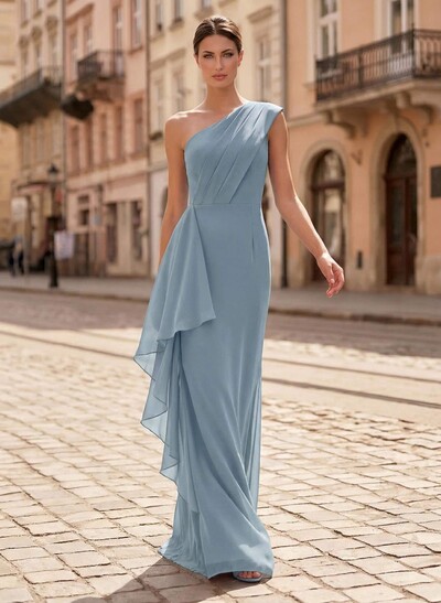 Sheath/Column One-Shoulder Floor-Length Chiffon Mother Of The Bride Dresses With Ruffle/Back Slit