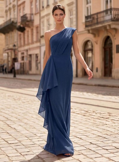 Sheath/Column One-Shoulder Floor-Length Chiffon Mother Of The Bride Dresses With Ruffle/Back Slit