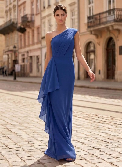 Sheath/Column One-Shoulder Floor-Length Chiffon Mother Of The Bride Dresses With Ruffle/Back Slit