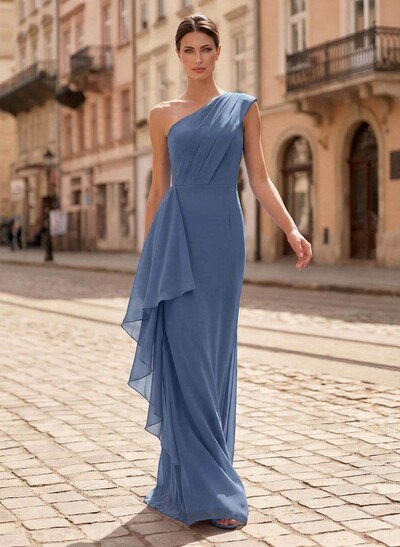 Sheath/Column One-Shoulder Floor-Length Chiffon Mother Of The Bride Dresses With Ruffle/Back Slit