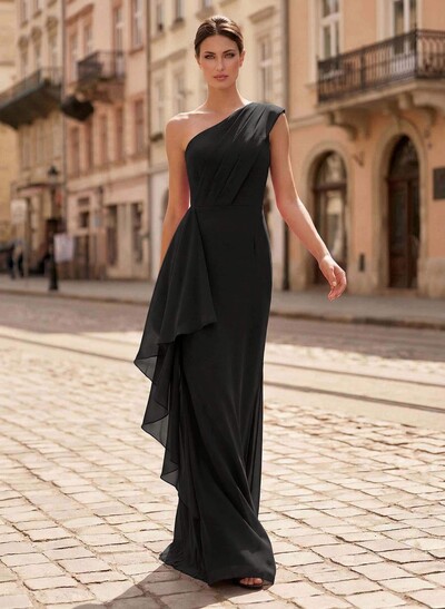 Sheath/Column One-Shoulder Floor-Length Chiffon Mother Of The Bride Dresses With Ruffle/Back Slit